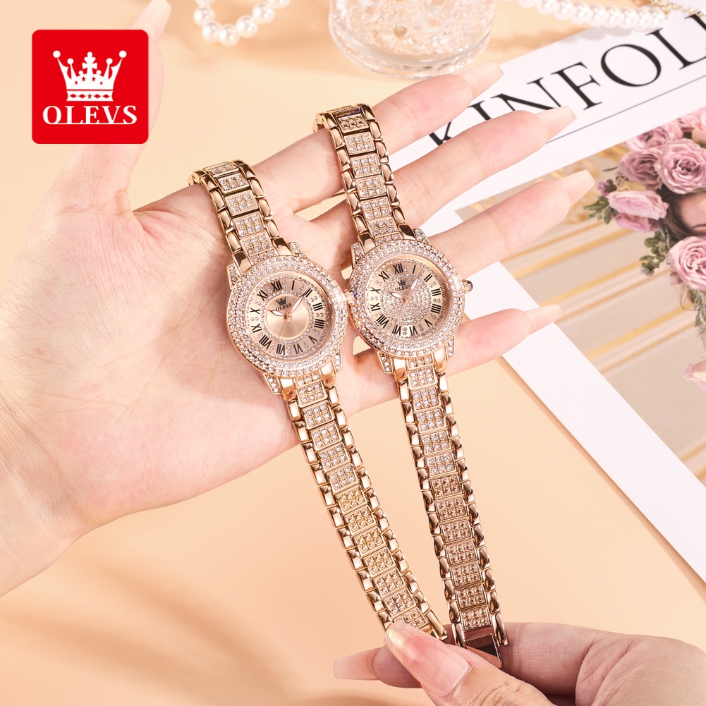 Women'S Fashion Quartz Watch - OLEVS นาฬิกาแฟชั่นสุดหรูสำหรับสุภาพสตรี หน้าปัดประดับเพชร กันน้ำ นาฬิกาควอทซ์ฝังเพชรสำหรับผู้หญิง นาฬิกาเดรสสวยงามทันสมัย