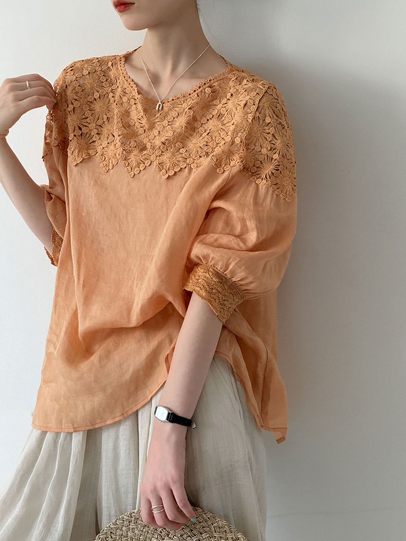 Women Fashion Blouse - เสื้อผู้หญิงฤดูร้อนปี 2026 ผ้าลินิน 100% แขนสั้น บางเบา