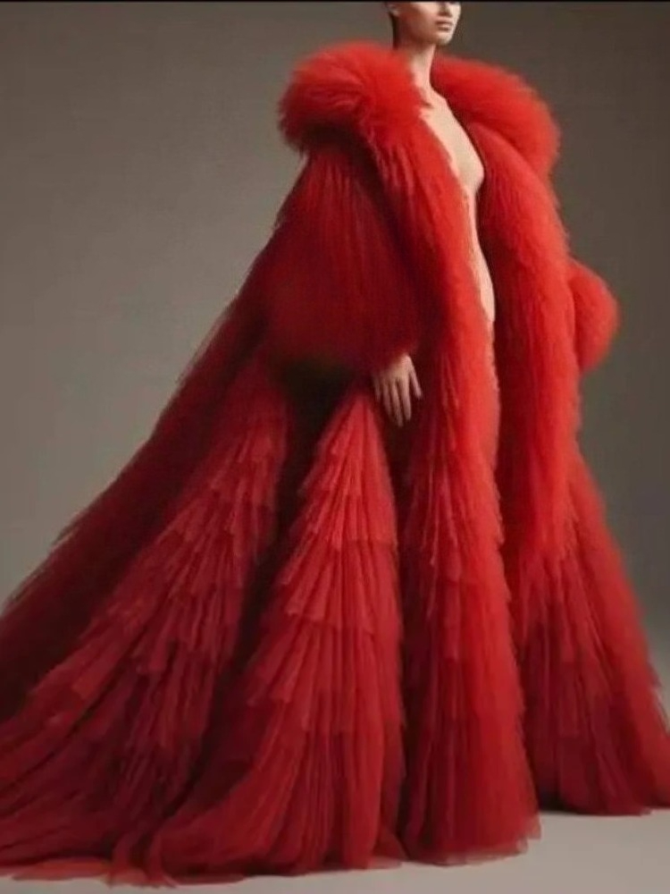 Women Fashion Reddit - เสื้อคลุมยาวสีแดงฟูฟ่อง แต่งระบายจีบ แขนยาว ผ้าทูลหลายชั้น แจ็คเก็ตผู้หญิง ผ้าคลุมไหล่ฟูฟ่อง