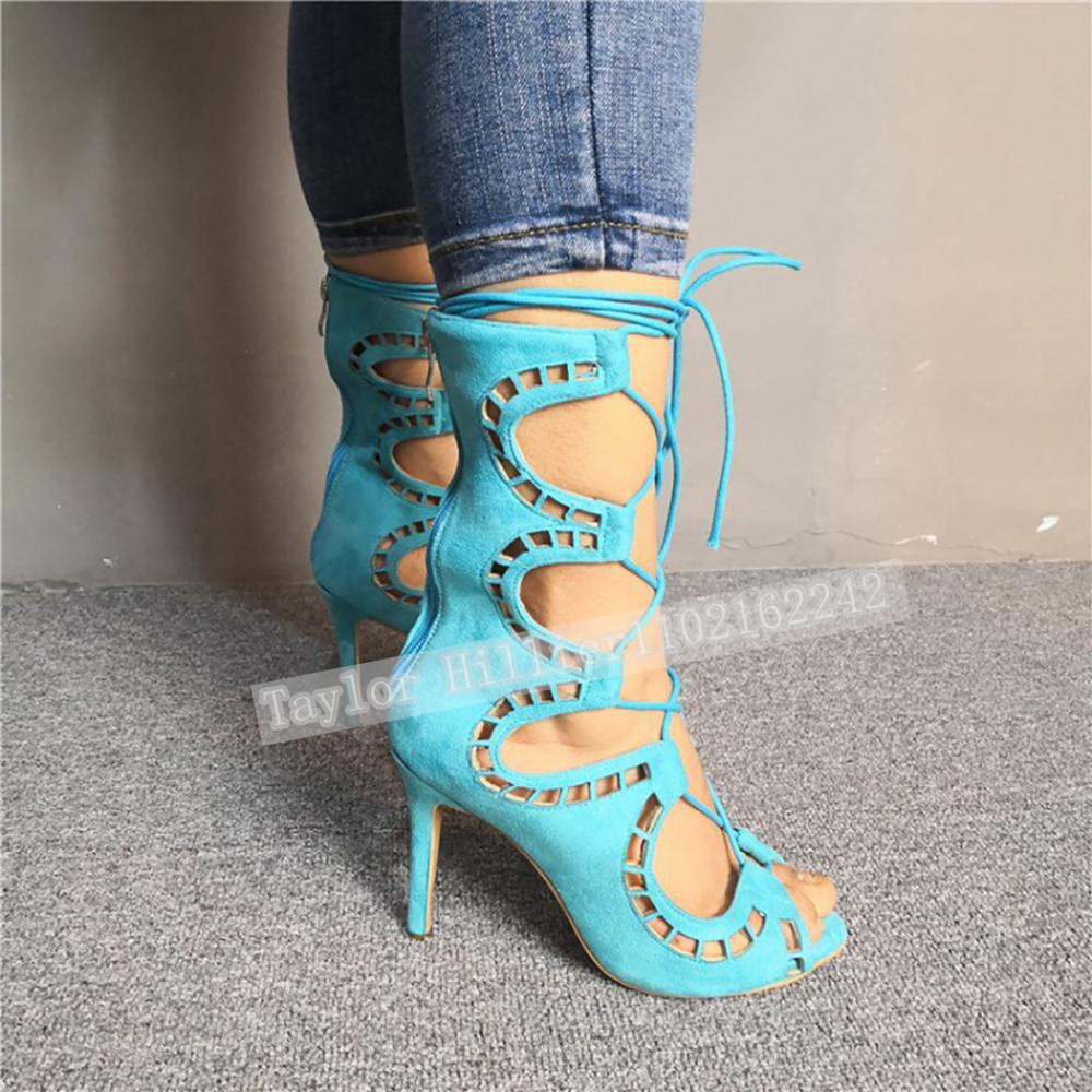 Women'S Fashion Leather Boots - รองเท้าส้นสูงแบบเปิดนิ้วเท้าสีน้ำเงิน สายไขว้ รัดส้น สำหรับผู้หญิง ส้นเข็ม แบบมีซิปด้านหลัง