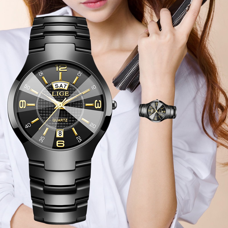 Women'S Fashion Quartz Watch - นาฬิกาข้อมือผู้หญิง LIGE แฟชั่นหรูหรา สายเซรามิก แสดงวันที่และวันในสัปดาห์ กันน้ำ
