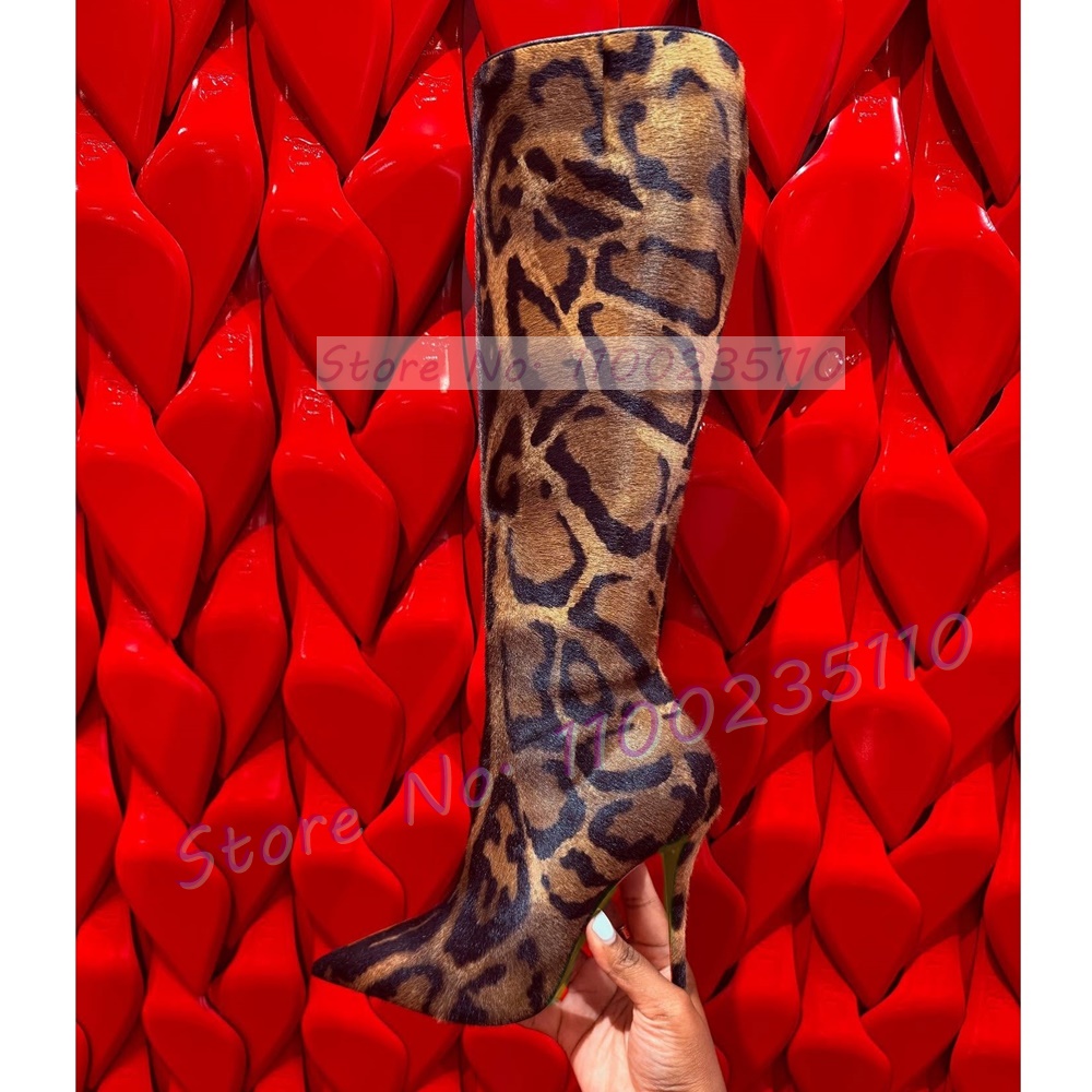 Women'S Fashion Leather Boots - รองเท้าบูทสูงถึงเข่าลายเสือดาว ขนเทียม แฟชั่นสำหรับผู้หญิง ปลายแหลม รองเท้าสไตล์รันเวย์ ซิปด้านข้าง