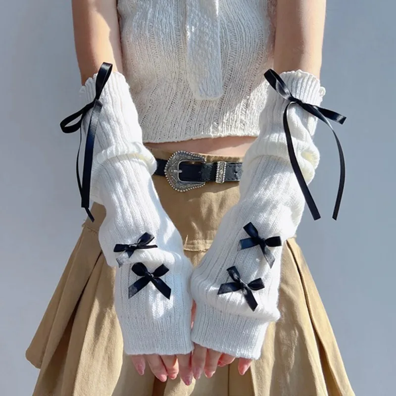 Women Fashion Gloves - ปลอกแขนแฟชั่นสไตล์ Y2K สำหรับผู้หญิง ถักนิตติ้งนุ่ม ประดับโบว์ ถุงมือแบบครึ่งนิ้ว