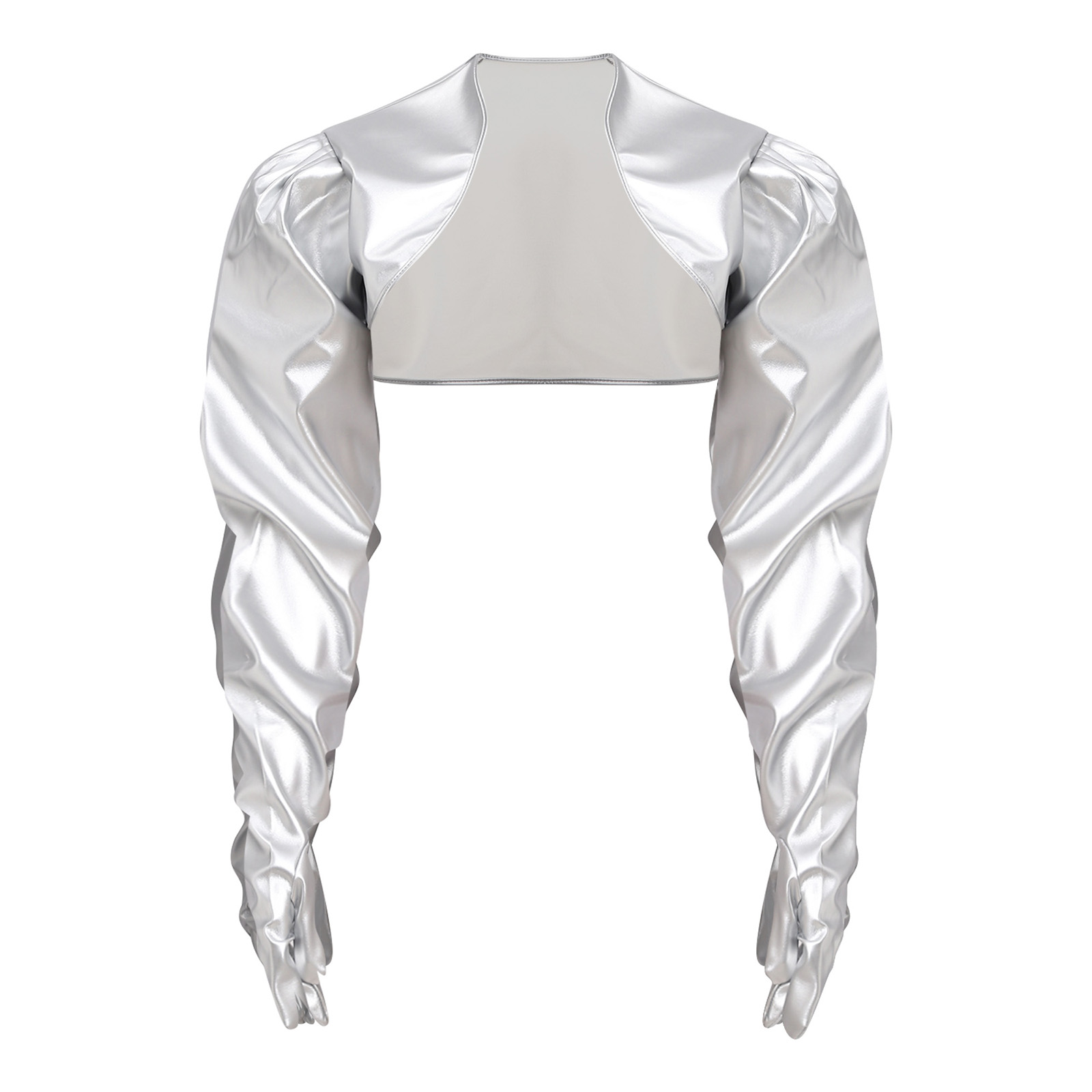 Women Fashion Gloves - เสื้อคลุมคาร์ดิแกนผู้หญิงแบบเปียกเงา ทำจากวัสดุ PU แขนยาวพอง พร้อมถุงมือ แบบเปิดด้านหน้า