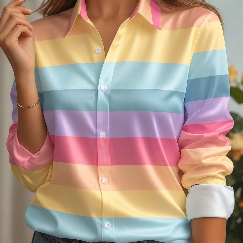 Women Fashion Blouse - เสื้อเชิ้ตผู้หญิง ปกผ้าซาติน ลายทางพาสเทล แขนยาว ทรงหลวม สไตล์หรูหรา