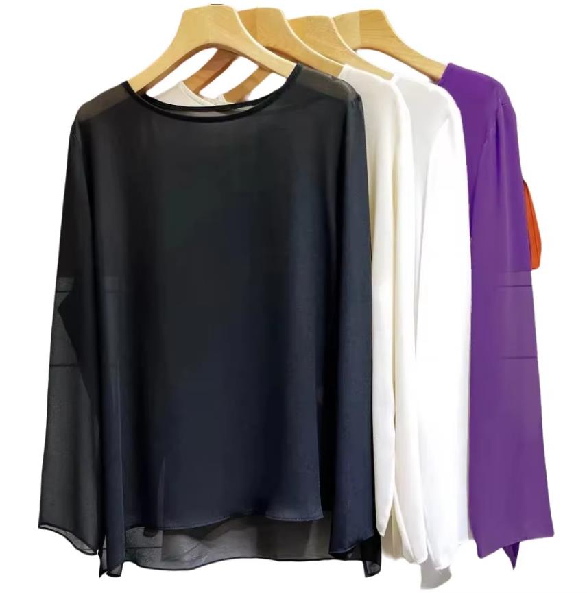 Women Fashion Blouse - เสื้อเชิ้ตแฟชั่นลำลองผู้หญิง ผ้าชีฟอง แขนยาว สำหรับฤดูใบไม้ผลิและฤดูร้อน เนื้อผ้าบางเบา โปร่งแสง