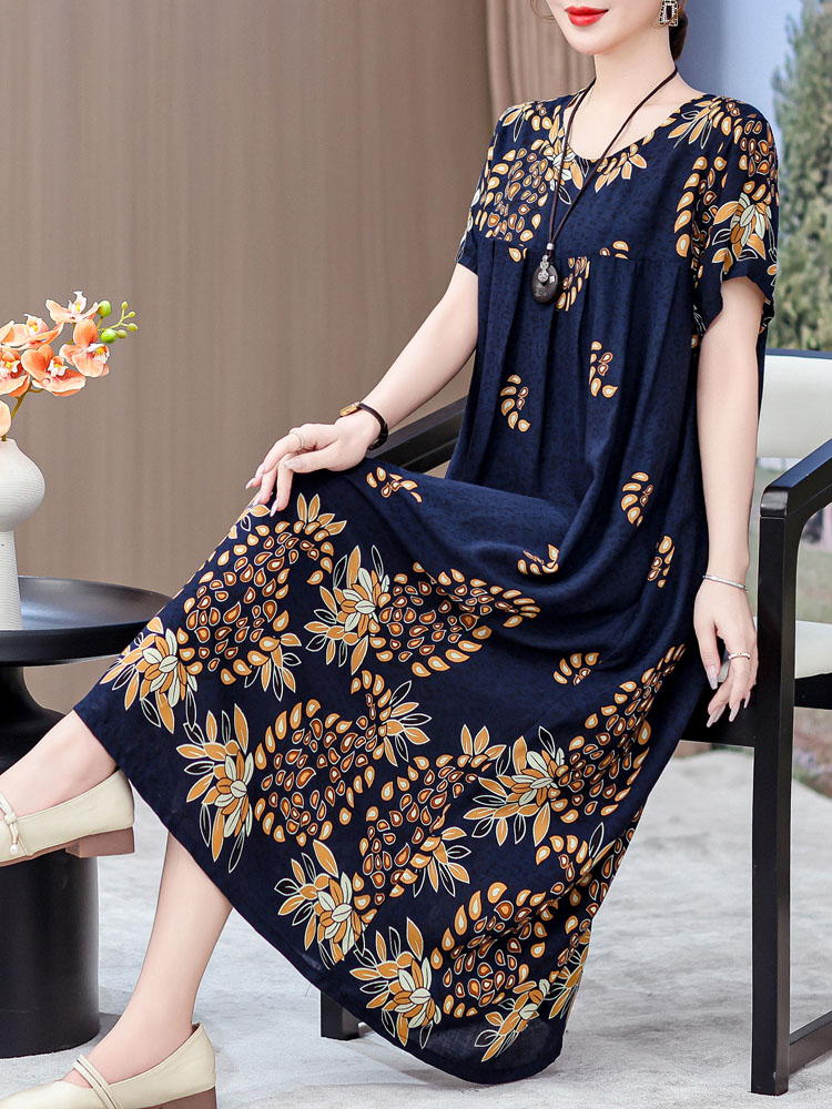 Women Fashion Over 50 - ชุดเดรสผ้าฝ้ายผสมไหมความยาวปานกลางสำหรับผู้หญิงอายุ 50 ปีขึ้นไป แฟชั่นฤดูร้อน กระโปรงทรงเอเอวสูง เสื้อผ้าผู้หญิงที่ดูสง่างาม