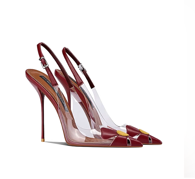Women Queen Fashion - รองเท้าส้นสูงหัวแหลมแบบใหม่สำหรับฤดูร้อน สีแดงไวน์ หนังเคลือบเงา ตกแต่งแบบโปร่งใส ส้นบาง สำหรับผู้หญิง