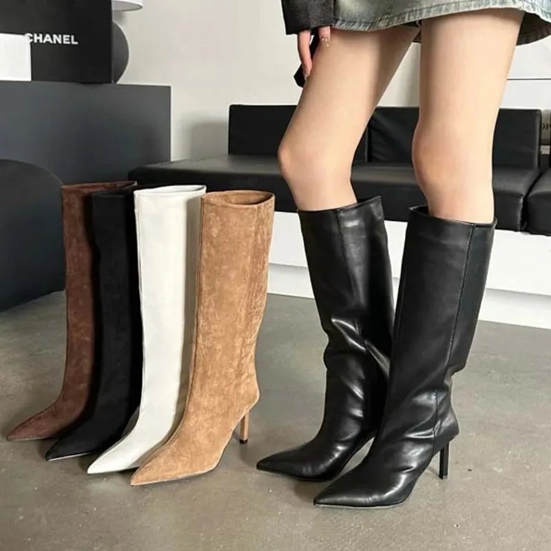 Women'S Fashion Leather Boots - รองเท้าบูทผู้หญิงทรงยาวหรูหรา แฟชั่นหนังกลับทรงสลัช สไตล์ฝรั่งเศส หัวแหลม ส้นสูง รองเท้าดีไซเนอร์สำหรับผู้หญิง