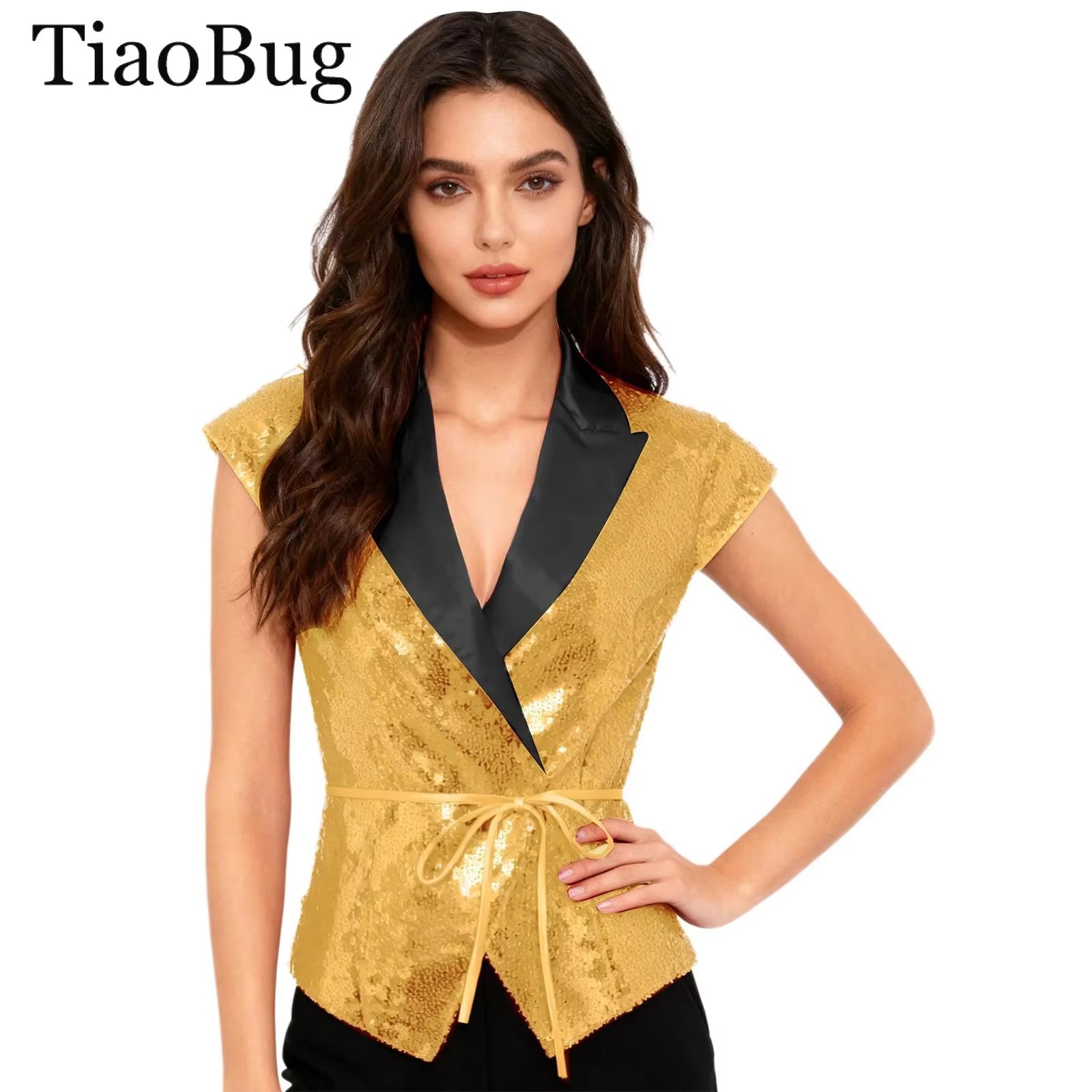 Women'S Fashion Labels - เสื้อกั๊กปักเลื่อมสำหรับผู้หญิง คอวี แขนสั้น แต่งเข็มขัด เหมาะสำหรับงานแต่งงาน ปาร์ตี้