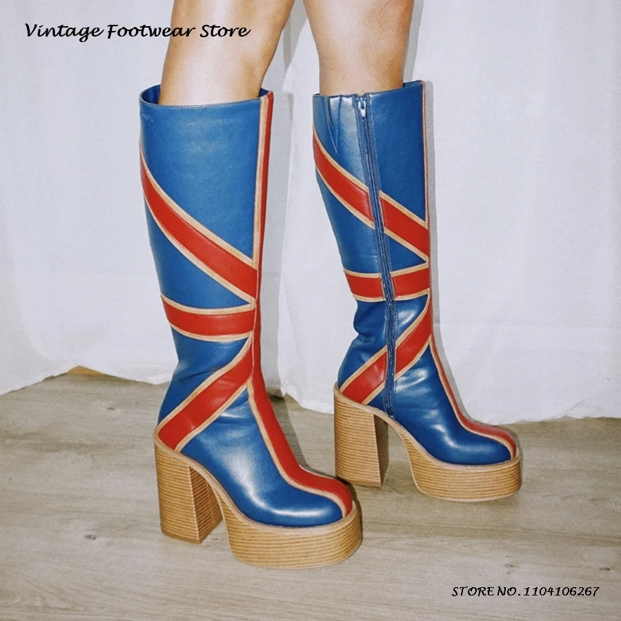 Women'S Fashion Leather Boots - Patchwork หนังแพลตฟอร์มเข่ารองเท้าสไตล์อังกฤษรอบ Toe Chunky Heel รองเท้าฤดูใบไม้ผลิฤดูใบไม้ร่วงความสูงเพิ่ม
