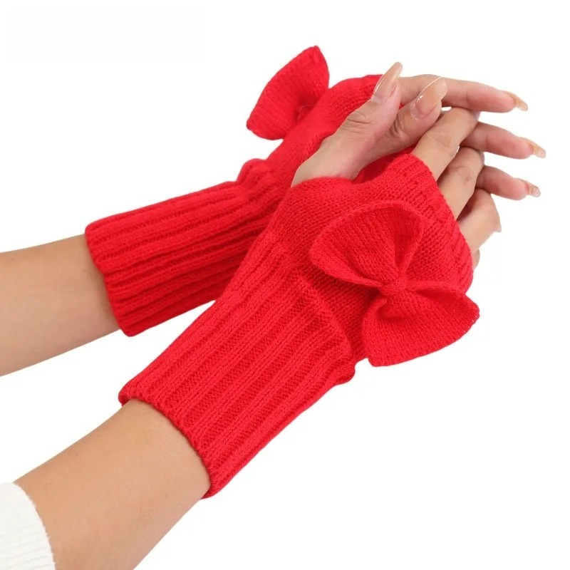 Women Fashion Gloves - ถุงมือถักแบบไม่มีนิ้วพร้อมโบว์ – ที่อุ่นแขนสำหรับผู้หญิงที่นุ่มและอบอุ่นสำหรับฤดูหนาว, เครื่องประดับแฟชั่นน่ารักสำหรับใช้ในชีวิตประจำวัน