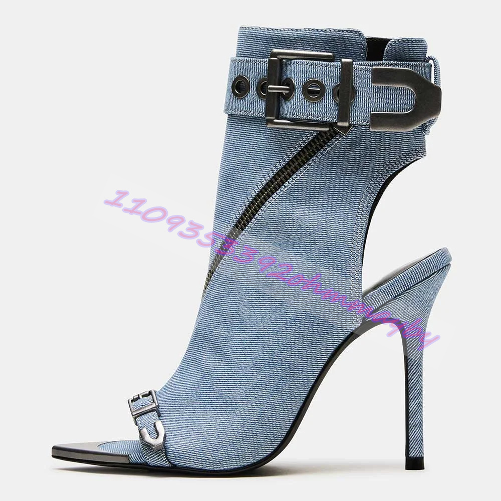 Women'S Fashion Leather Boots - รองเท้าบูทหัวแหลมสีน้ำเงินเดนิมสำหรับผู้หญิง รองเท้าแตะเปิดนิ้วเท้าประดับหัวเข็มขัดหนัง แฟชั่นรองเท้าส้นสูงหัวแหลมโลหะพร้อมซิป