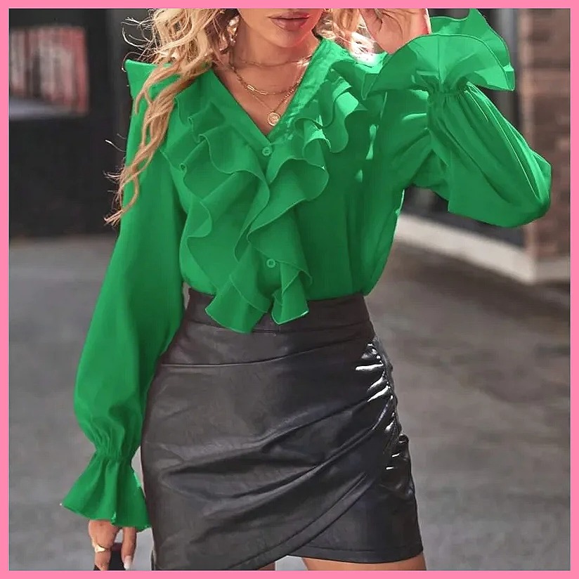 Women Fashion Blouse - เสื้อเบลาส์แฟชั่นปี 2025 คอวี แขนระบาย ดีไซน์หรูหราสำหรับผู้หญิง -