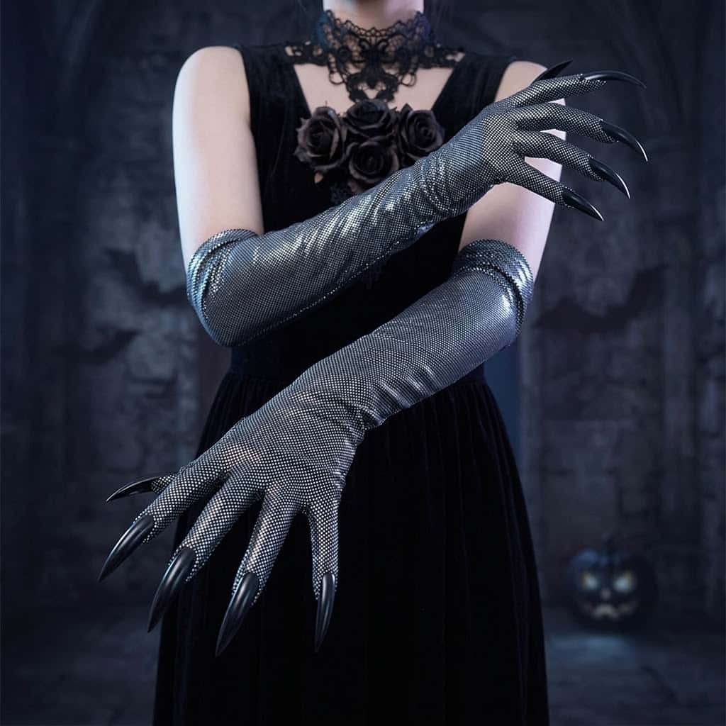 Women Fashion Gloves - 2026 ถุงมือยาวสไตล์กอธิค Y2K ลายกรงเล็บผีสีขาว พร้อมเล็บแหลมยาวพิเศษ อุปกรณ์เสริมสำหรับคอสเพลย์ฮาโลวีน
