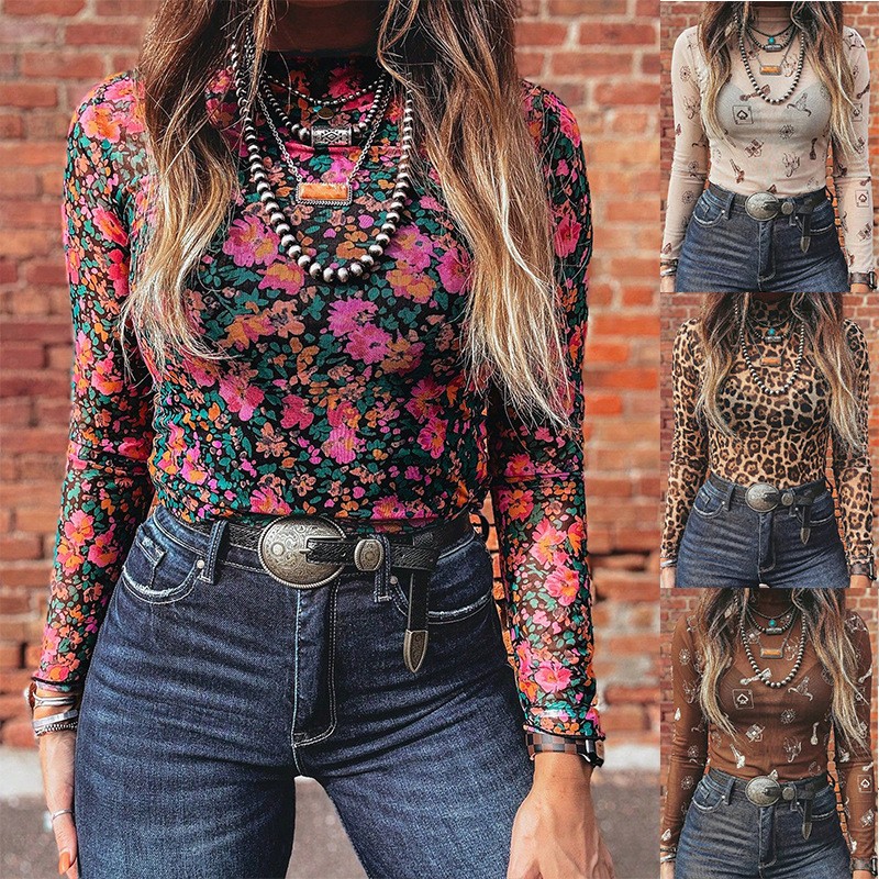 Women Fashion Blouse - เสื้อยืดแขนยาวคอเต่าตาข่ายสไตล์โบฮีเมียนสำหรับผู้หญิง ทรงเข้ารูป ใส่สบาย เหมาะสำหรับฤดูใบไม้ร่วง