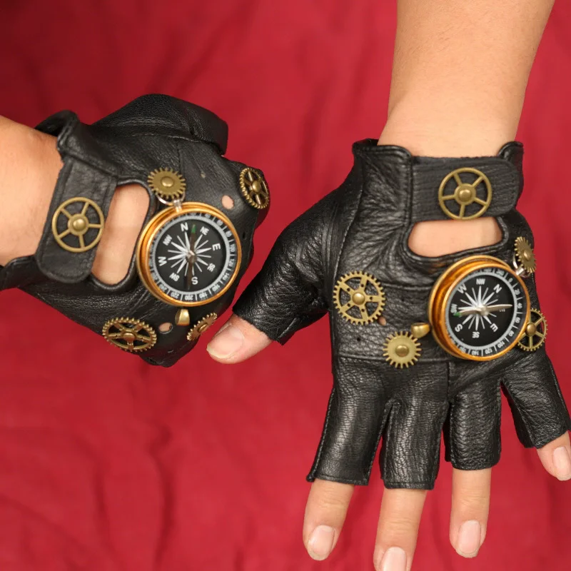 Women Fashion Gloves - ถุงมือหนัง PU สไตล์สตีมพังก์ แบบไม่มีนิ้ว พร้อมเข็มทิศ สำหรับผู้ชายและผู้หญิง