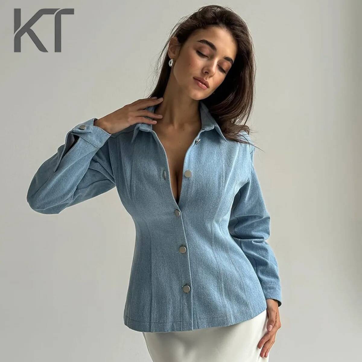 Women Fashion Blouse - เสื้อเชิ้ตเดนิมทรงเข้ารูป KT Vintage สำหรับผู้หญิง แขนยาว ติดกระดุม