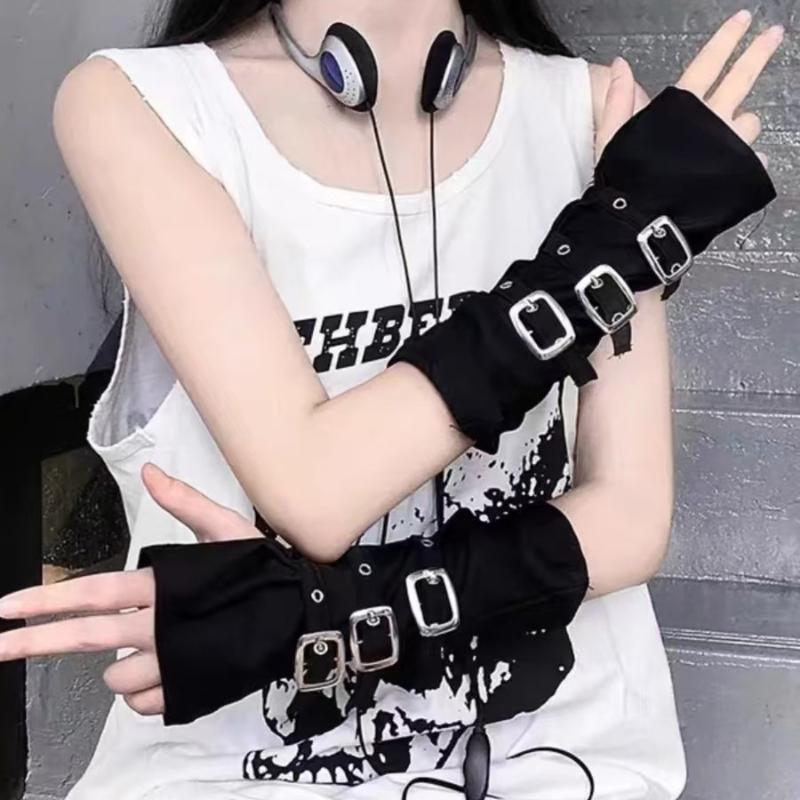 Women Fashion Gloves - ถุงมือแฟชั่นสไตล์โกธิคพังก์ Y2K สำหรับผู้หญิง แบบไม่มีนิ้ว ประดับหมุด ปลอกแขนสีดำ
