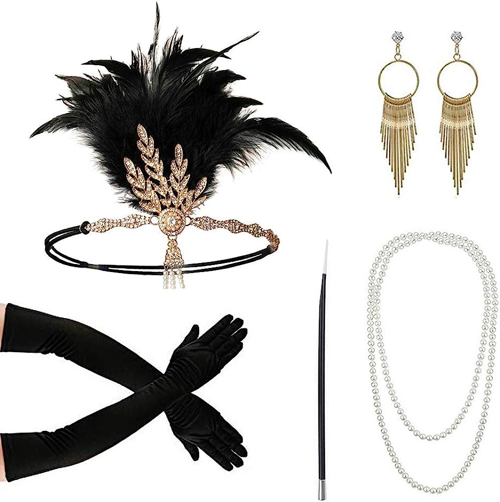 Women Fashion Gloves - PESENAR 1920s แฟชั่น Flapper Headband ผู้ถือบุหรี่ถุงมือยาวสร้อยคอไข่มุก