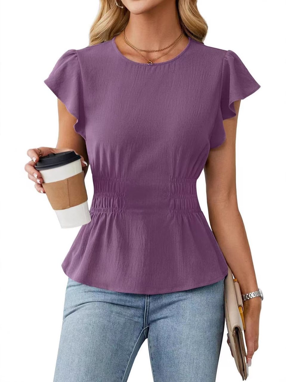 Women Fashion Blouse - เสื้อผู้หญิงแขนสั้นแต่งระบาย คอทรงกลม เอวสม็อค ทรงเพปลัม เสื้อทรงเข้ารูปสีพื้นลำลอง