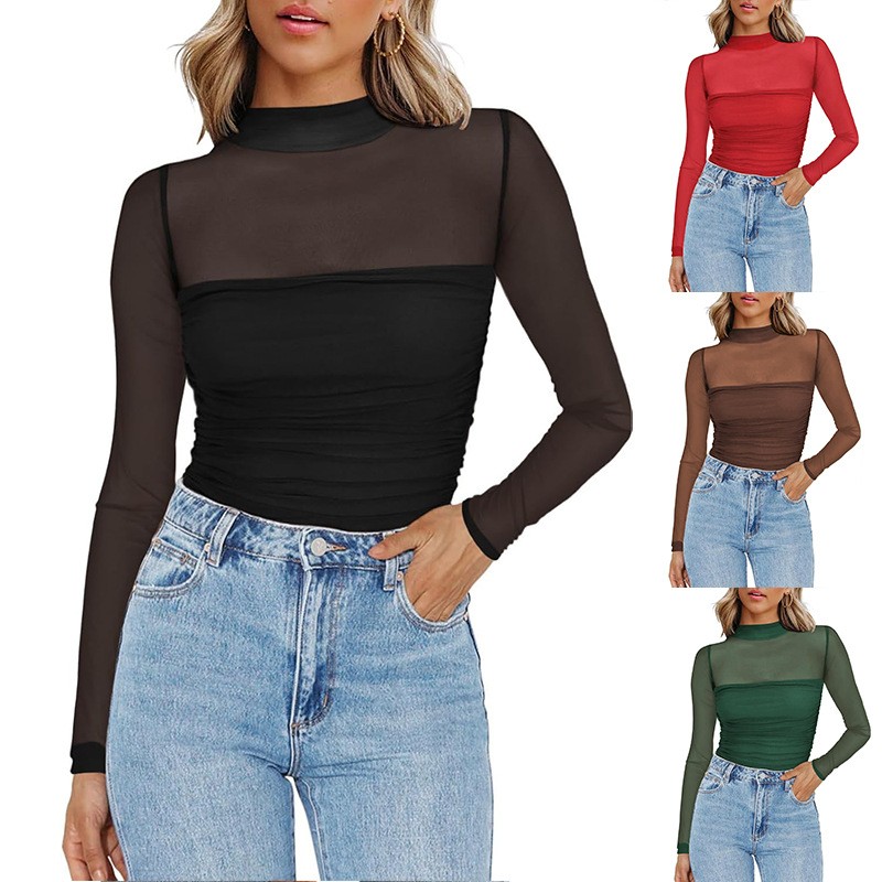 Women Fashion Blouse - เสื้อผู้หญิงคอวีผ้าตาข่ายบางสีพื้นทรงเข้ารูป เสื้อถักทรงสลิมฟิตสำหรับผู้หญิง สีดำ แดง น้ำตาล เขียวมะกอก