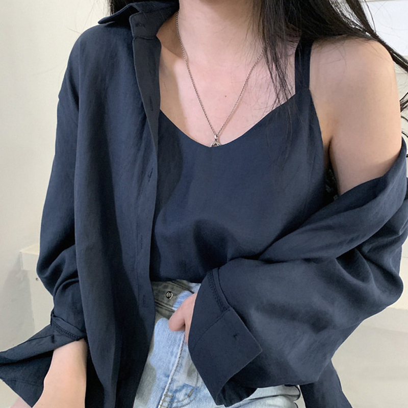 Women'S Young Fashion - ชุดเซ็ตสองชิ้นเสื้อสายเดี่ยวสีเรียบง่ายสไตล์เรโทร แขนยาว สไตล์ลำลอง สำหรับสาวๆ แฟชั่นฤดูร้อน