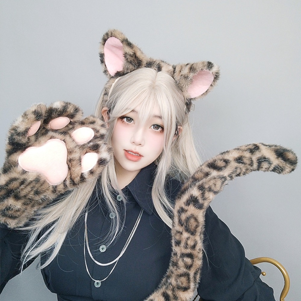 Women Fashion Gloves - ที่คาดผมหูเสือดาว ที่คาดผมหาง ถุงมือรูปอุ้งเท้า อุปกรณ์แต่งกายคอสเพลย์ฮาโลวีน เครื่องประดับแฟชั่นน่ารักสำหรับสาวๆ ผู้หญิง