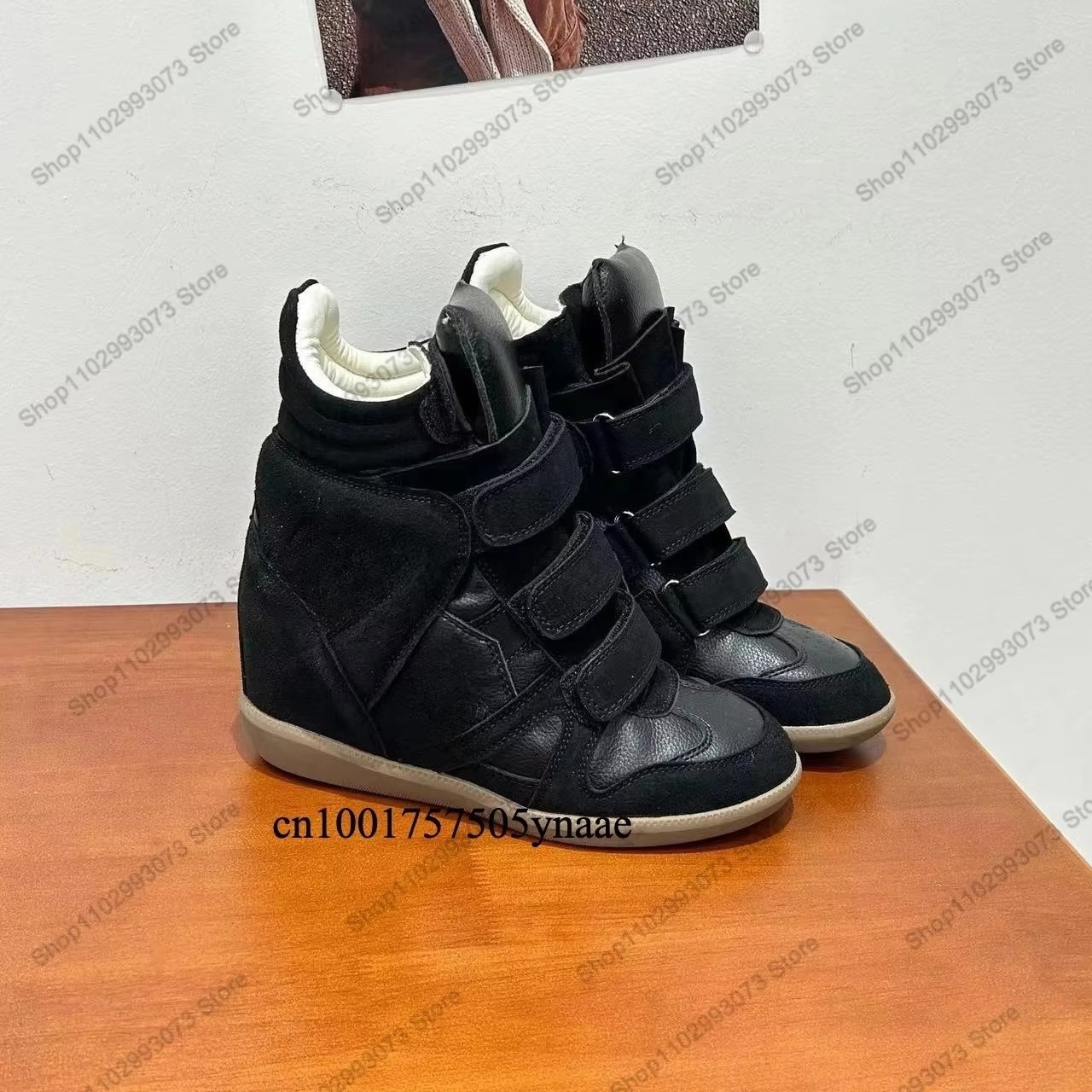 Women'S Fashion Leather Boots - รองเท้าผ้าใบหุ้มข้อส้นลิ่มซ่อนสำหรับผู้หญิง หนังกลับผสมหนังแท้ สายรัดเวลโครเพิ่มความสูงภายใน น้ำหนักเบา สวมใส่สบาย แฟชั่นลำลอง