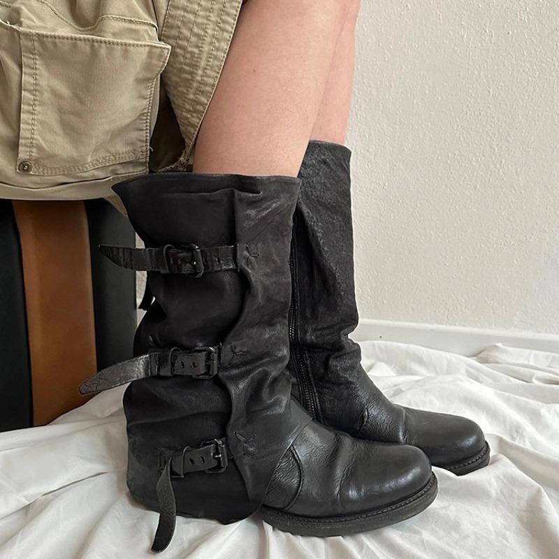 Women'S Fashion Leather Boots - รองเท้าผู้หญิงคลาสสิก รองเท้าบูทหนังแท้สไตล์เรโทรสุดหรูสำหรับผู้หญิง แฟชั่นรองเท้าบูททรงสลัชชี่แบบแพลตฟอร์ม รองเท้าดีไซเนอร์ รองเท้าบูทผู้หญิง