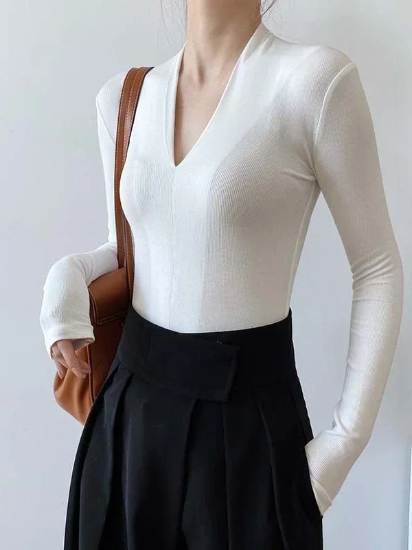 เสื้อเชิ้ตคอวีทรงเข้ารูป แขนยา - Women Fashion Blouse บทวิจารณ์และราคา