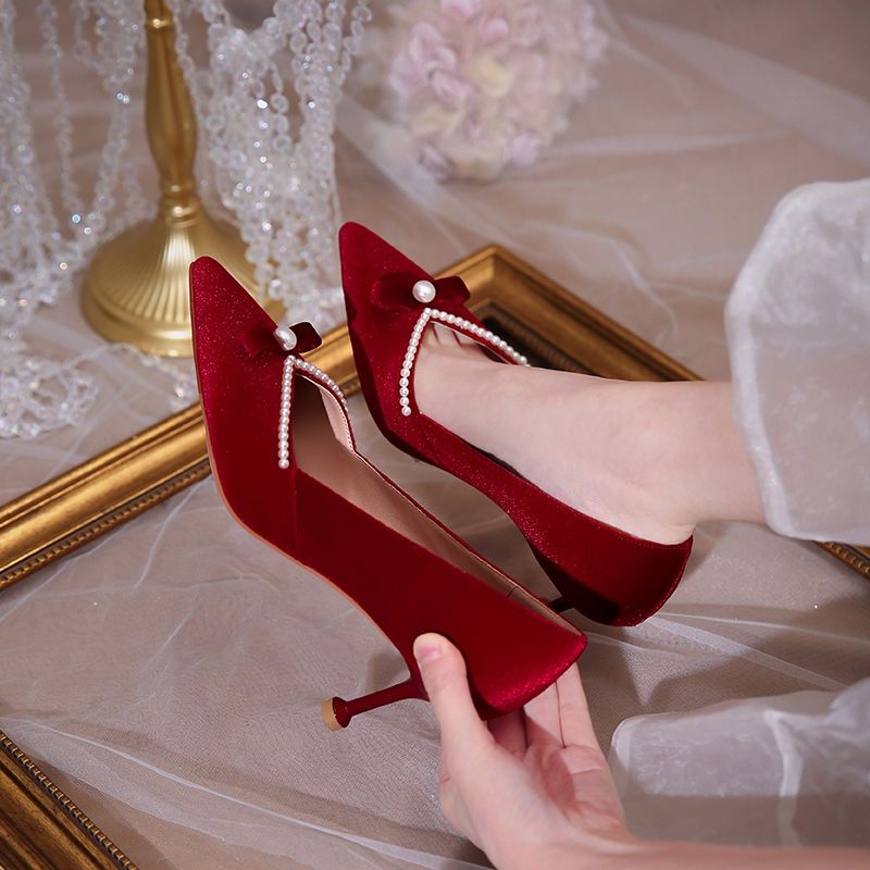 รองเท้าส้นสูงสีแดงเพิร์ลสุภาพส - Women'S Fashion Quick Delivery บทวิจารณ์และราคา