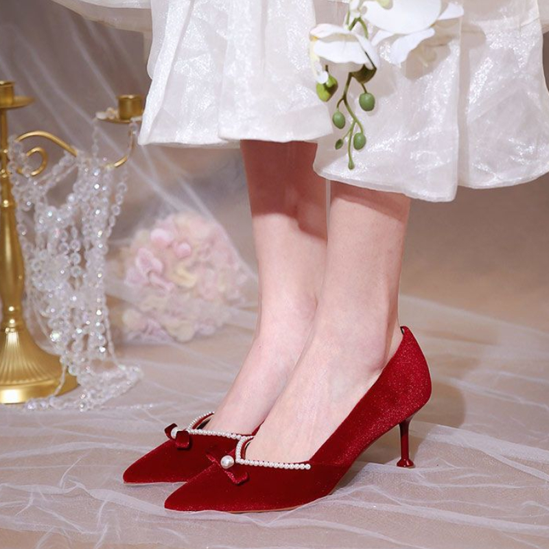 รองเท้าส้นสูงสีแดงเพิร์ลสุภาพส - Women'S Fashion Quick Delivery บทวิจารณ์และราคา