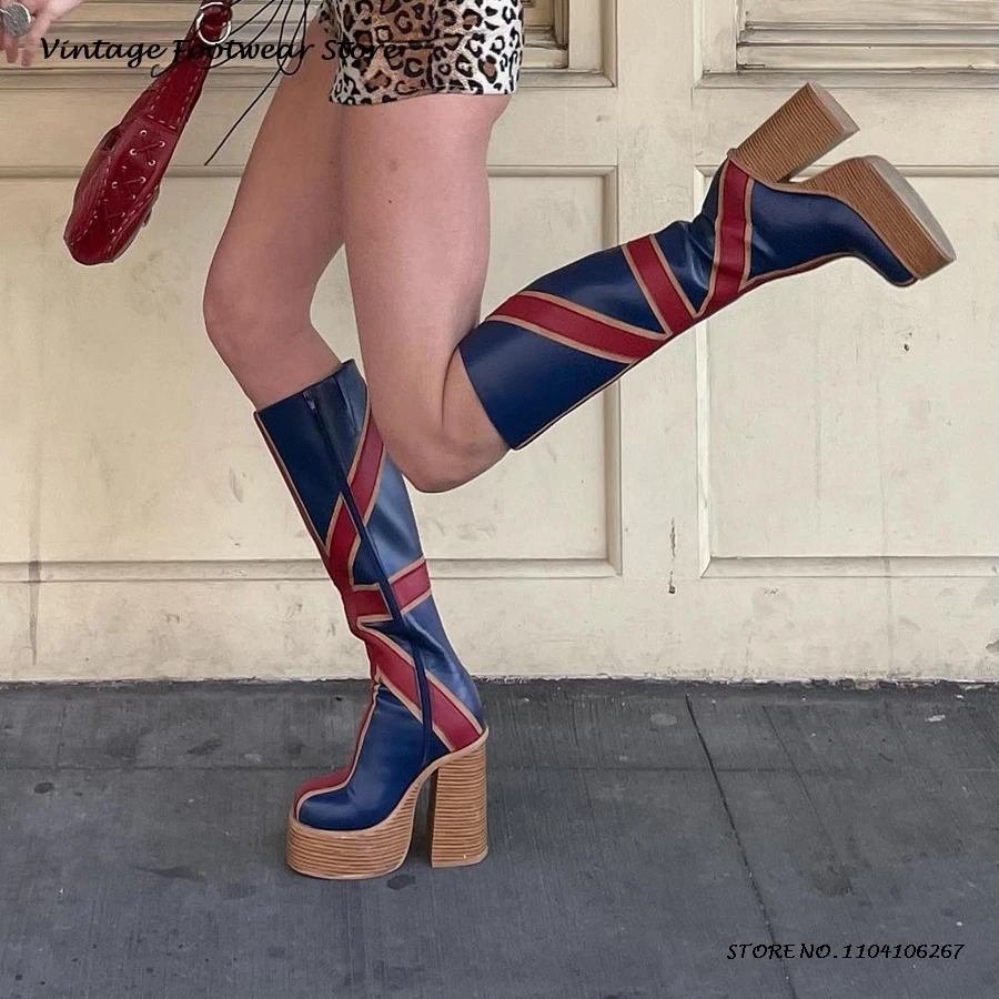Patchwork หนังแพลตฟอร์มเข่ารอง - Women'S Fashion Leather Boots บทวิจารณ์และราคา