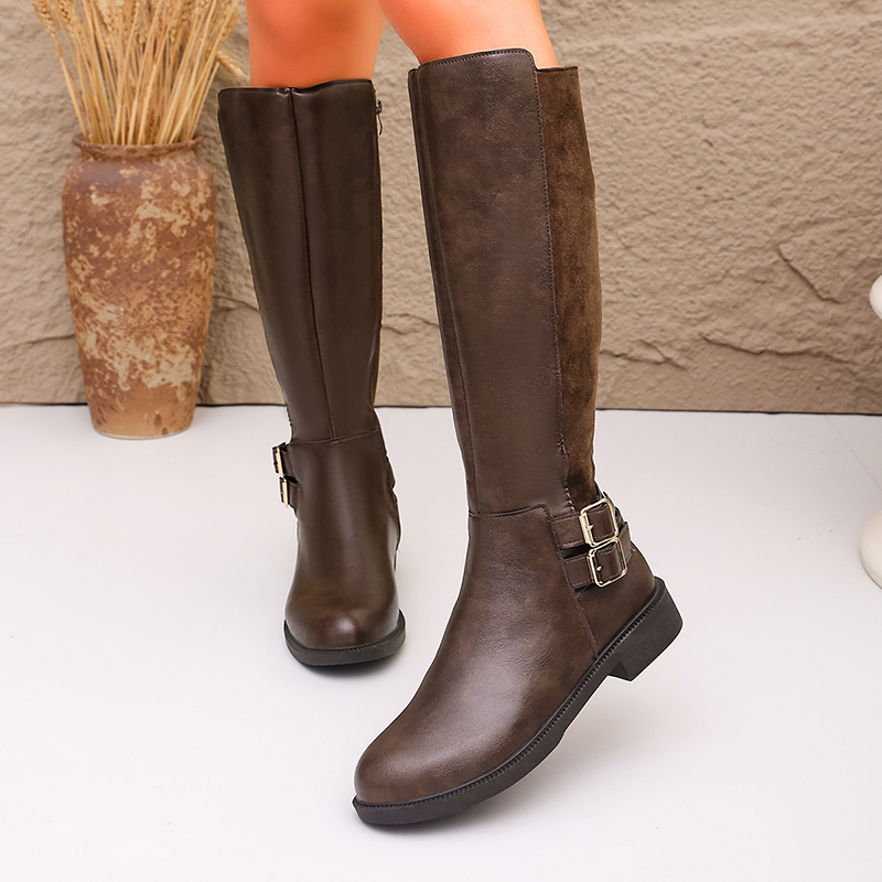 รองเท้าบูทขี่ม้าหนัง PU สีน้ำต - Women'S Fashion Leather Boots บทวิจารณ์และราคา