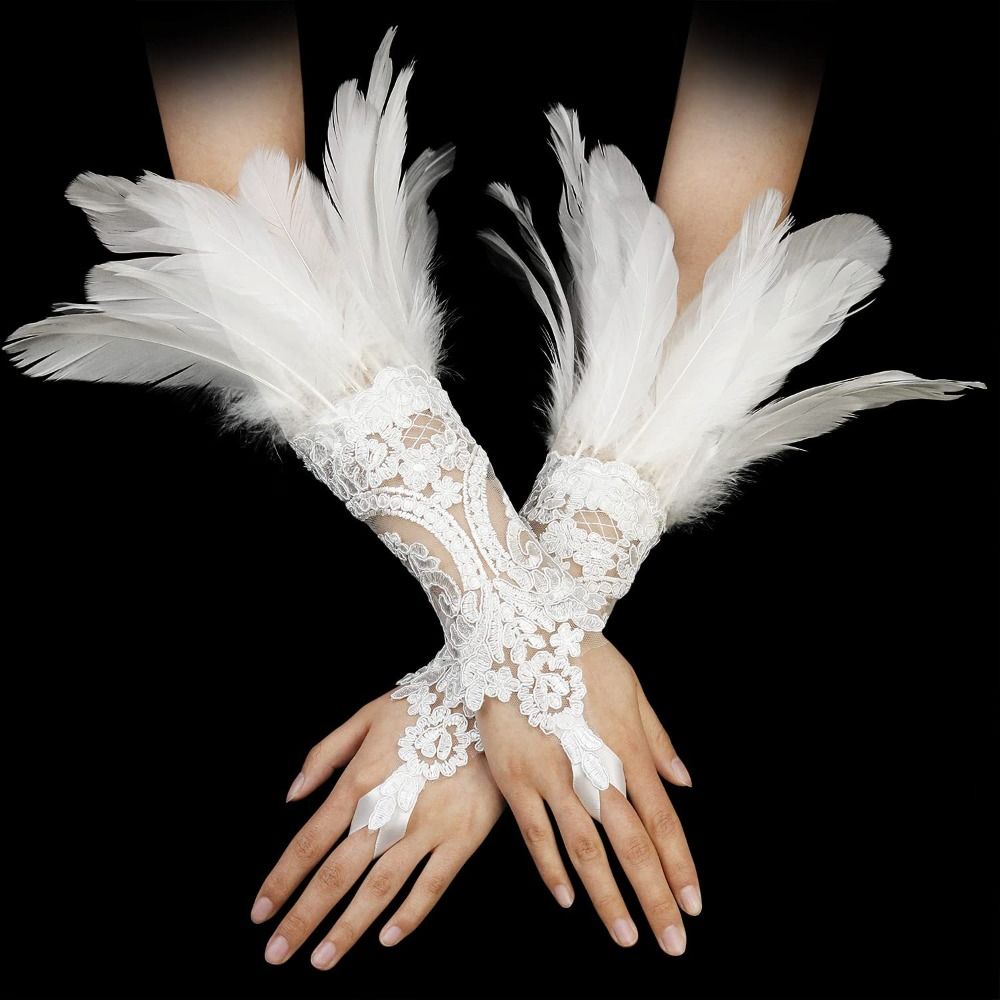ถุงมือยาวแต่งลูกไม้และขนนก 1 ช - Women Fashion Gloves บทวิจารณ์และราคา
