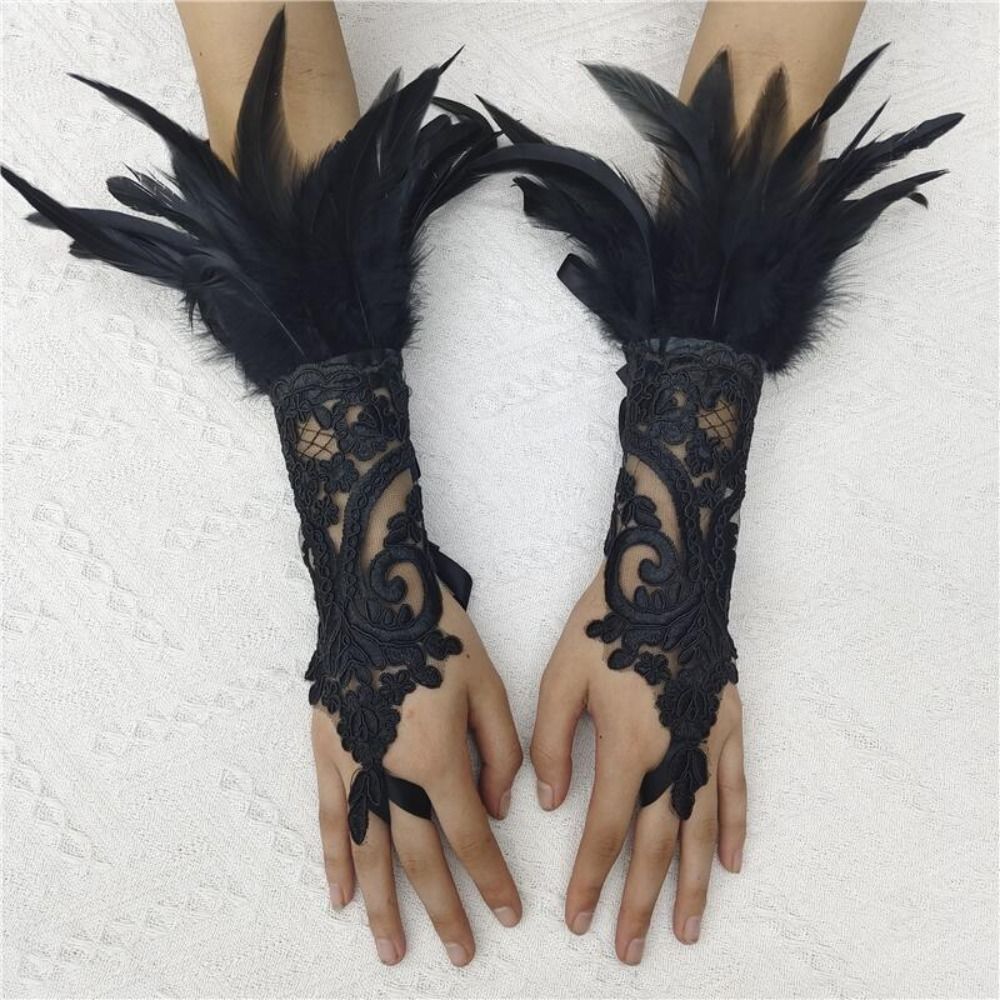 ถุงมือยาวแต่งลูกไม้และขนนก 1 ช - Women Fashion Gloves บทวิจารณ์และราคา
