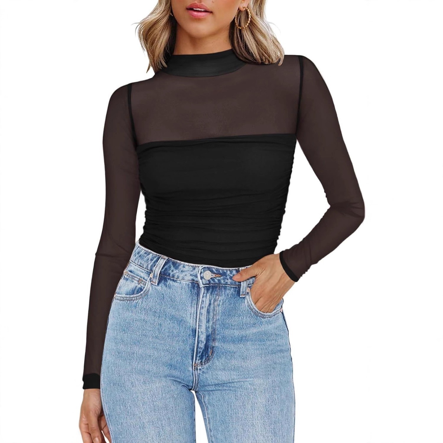 เสื้อผู้หญิงคอวีผ้าตาข่ายบางสี - Women Fashion Blouse บทวิจารณ์และราคา