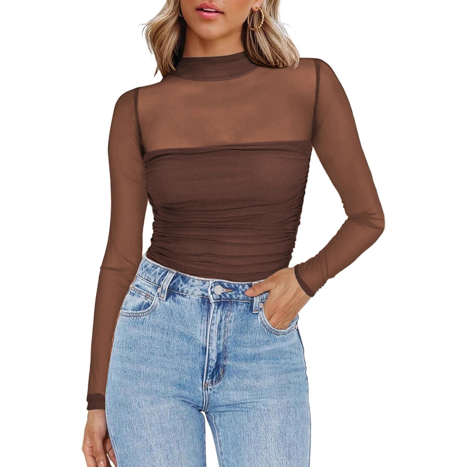 เสื้อผู้หญิงคอวีผ้าตาข่ายบางสี - Women Fashion Blouse บทวิจารณ์และราคา