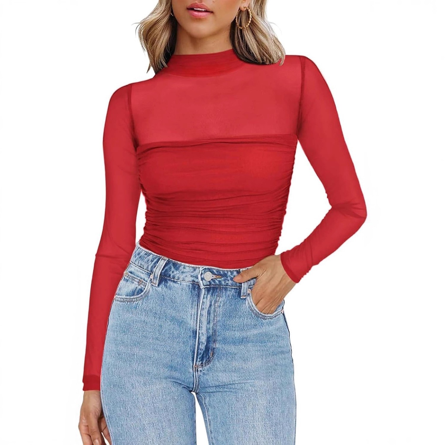 เสื้อผู้หญิงคอวีผ้าตาข่ายบางสี - Women Fashion Blouse บทวิจารณ์และราคา